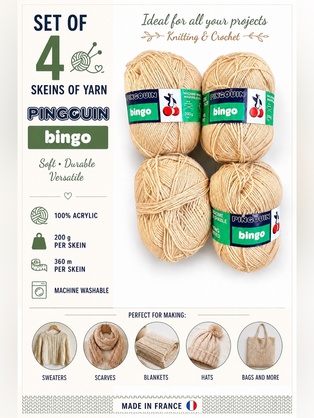 Pingouin Bingo Acrylic Yarn - Vintage - Beige Set of 4 Skeins
